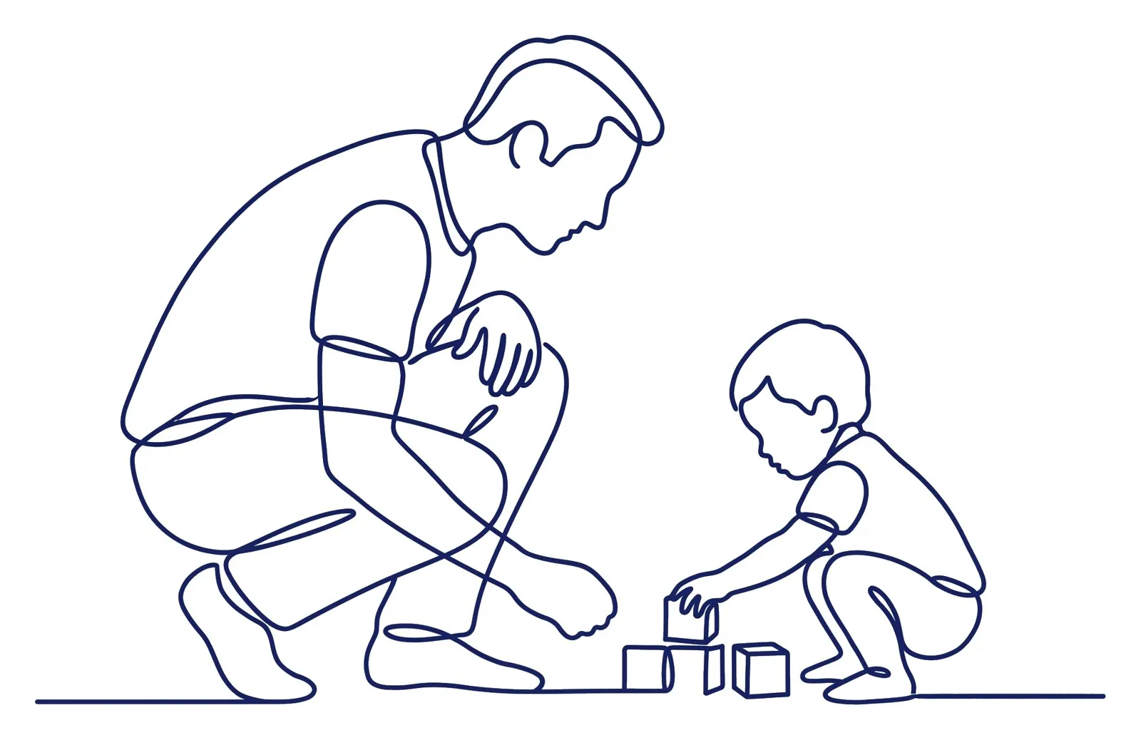 One-line drawing of an adult crouched down at a child’s level, watching while the child builds with blocks